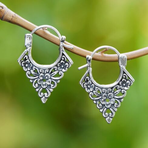 NOVICA Artisan Handmade .925 Sterling Silver Hoop Earrings Floral Pointed from Bali Indonesia 'Floral Points' in Saudi Arabia