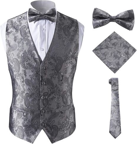 Big & Tall Paisley Suit Vest Waistcoat Set Bow Tie and Hanky For Tuxedo,Silver,5XL in Kuwait