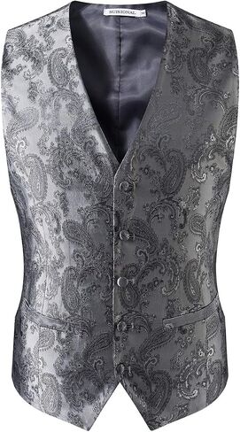 Big & Tall Paisley Suit Vest Waistcoat Set Bow Tie and Hanky For Tuxedo,Silver,5XL in Kuwait