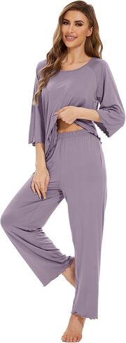 WiWi بيجامة نسائية من الخيزران الفسكوزي 3/4 كم مع سروال كامل الطول طقم بيجامة ملابس نوم فضفاضة ودافئة Pjs S-XXL in Kuwait