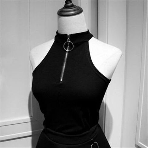 سترة YM YOUMU النسائية بياقة عالية وسحاب علوي للفتيات Harajuku Gothic بدون أكمام in Kuwait