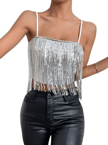 SweatyRocks Women's Spaghetti Strap Fuzzy Trim Cami Crop Top Zip Back Sequins Party Tops in Saudi Arabia