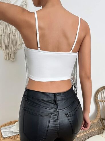 SweatyRocks Women's Spaghetti Strap Fuzzy Trim Cami Crop Top Zip Back Sequins Party Tops in Saudi Arabia