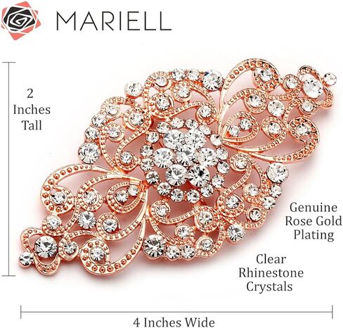 Mariell Vintage Bridal Crystal Brooch Pin, 4" Wide, Rose Gold Wedding Pin, Rhinestone Brooch for Brides and Wedding, Art Deco Fashion Accessory in Saudi Arabia