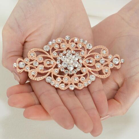 Mariell Vintage Bridal Crystal Brooch Pin, 4" Wide, Rose Gold Wedding Pin, Rhinestone Brooch for Brides and Wedding, Art Deco Fashion Accessory in Saudi Arabia