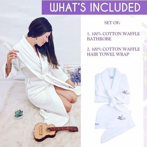 ELYSIA - رداء قطن وافل فاخر للنساء مع لف منشفة الشعر - أرواب حمام سبا للفنادق للنساء - 100% قطن تركي in Kuwait