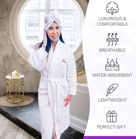 ELYSIA - رداء قطن وافل فاخر للنساء مع لف منشفة الشعر - أرواب حمام سبا للفنادق للنساء - 100% قطن تركي in Kuwait