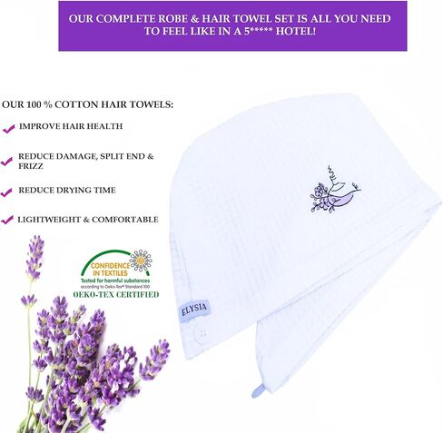 ELYSIA - رداء قطن وافل فاخر للنساء مع لف منشفة الشعر - أرواب حمام سبا للفنادق للنساء - 100% قطن تركي in Kuwait