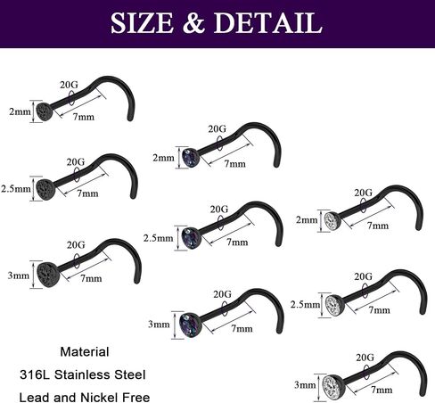 Pierstyles 20G حلقات أنف ترصيع أسود 316L فولاذ جراحي 2 مم 2.5 مم 3 مم حلقة أنف تشيكوسلوفاكيا مستديرة للنساء والرجال على شكل حرف L على شكل عظمة الأنف مجموعة حلقات لولبية ثقب الأنف in Kuwait