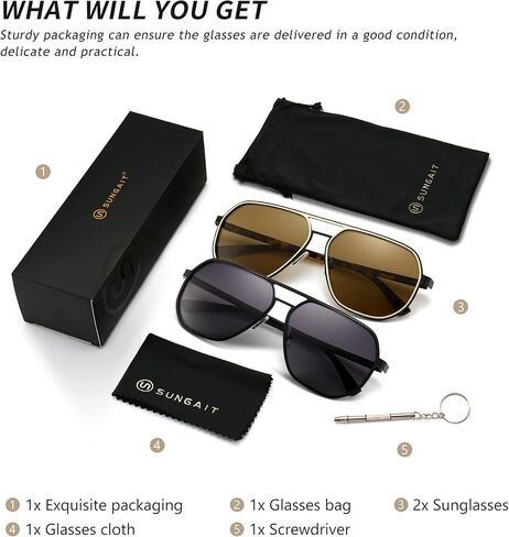 نظارات شمسية SUNGAIT Polygon Aviator للرجال نظارات شمسية مربعة عصرية مستقطبة وظلال طيار كلاسيكية للحماية من الأشعة فوق البنفسجية in Kuwait