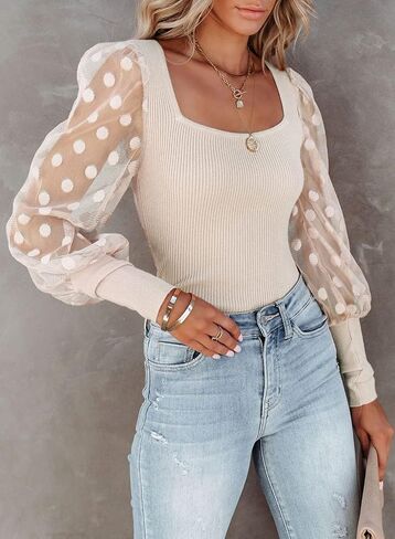 miduo Womens Tops Square Neck Polka Dot Balloon Long Sleeve Top Shirts Slim Knit Ribbed Tops Blouses in Kuwait