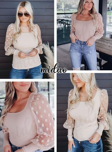 miduo Womens Tops Square Neck Polka Dot Balloon Long Sleeve Top Shirts Slim Knit Ribbed Tops Blouses in Kuwait