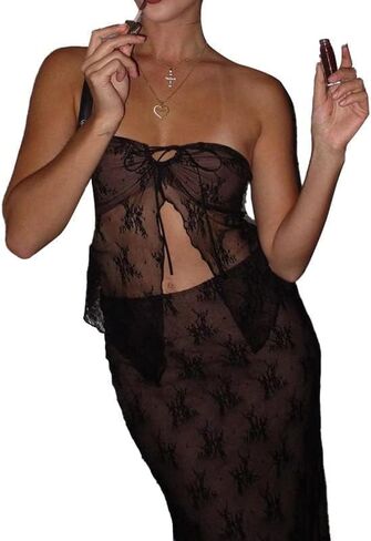 Lizxun النساء 2 قطعة ماكسي تنورة مجموعة حمالة الدانتيل تانك القمم ربط عالية الخصر Bodycon تنورة طويلة Y2K 2 قطعة وتتسابق الدعاوى in Kuwait