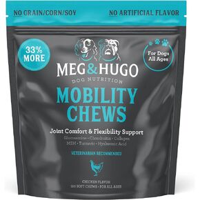 مكمل الورك والمفاصل للكلاب، 33% أكثر، 120 قطعة مضغ ناعمة للحركة، جلوكوزامين كوندرويتين، كولاجين، كركم، حمض الهيالورونيك، بذور الكتان، فيتامين C وE، للسلالات الصغيرة والكبيرة، يوصى به من قبل الطبيب البيطري in Kuwait