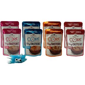 طعام القطط من Wellness CORE Tiny Tasters الخالي من الحبوب، 4 نكهات، 8 أكياس بالإضافة إلى حزمة عينات من ألعاب النعناع البري، (2) لكل منها: البط، والتونة، والدجاج، ولحم البقر والدجاج، (1.75 أونصة) in Kuwait