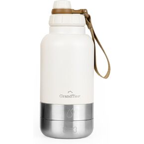 GrandTies Insulated Portable Dog Water Bottle with 2 Detachable Dog Water Bowl Dispenser | Leak-Proof Dog Food Travel Container | Dog Accessories for Dogs Walking, Hiking, Camping (32oz, Ivory White)