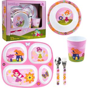 Bentology 5-Piece Construction Theme Mealtime Set - Includes Plate, Bowl, Utensils, and Glass - Dishwasher Safe, BPA Free, Cute Compartment Dish for Easy Self-Feeding | Includes Divided 4-Section Plate, Bowl, Cup, Fork & Spoon | BPA-Free Break-Resistant M in Kuwait