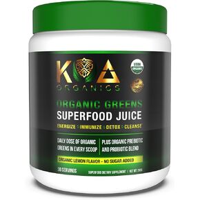 KOA Organics Greens Superfood Juice Powder - USDA Organic Super Greens Powder with with Spirulina, Chlorella, Matcha, Wheat Grass, Digestive Enzymes & Probiotics - Lemon Flavor -30 ServQ in Saudi Arabia