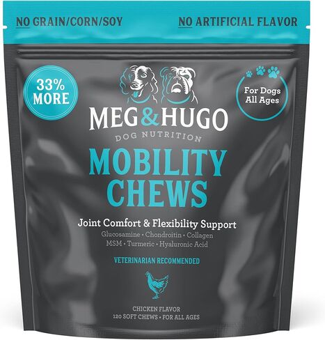 مكمل الورك والمفاصل للكلاب، 33% أكثر، 120 قطعة مضغ ناعمة للحركة، جلوكوزامين كوندرويتين، كولاجين، كركم، حمض الهيالورونيك، بذور الكتان، فيتامين C وE، للسلالات الصغيرة والكبيرة، يوصى به من قبل الطبيب البيطري in Kuwait