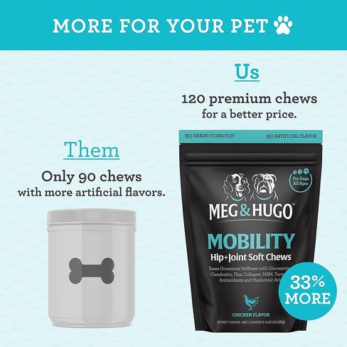 مكمل الورك والمفاصل للكلاب، 33% أكثر، 120 قطعة مضغ ناعمة للحركة، جلوكوزامين كوندرويتين، كولاجين، كركم، حمض الهيالورونيك، بذور الكتان، فيتامين C وE، للسلالات الصغيرة والكبيرة، يوصى به من قبل الطبيب البيطري in Kuwait