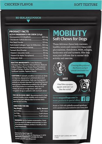 مكمل الورك والمفاصل للكلاب، 33% أكثر، 120 قطعة مضغ ناعمة للحركة، جلوكوزامين كوندرويتين، كولاجين، كركم، حمض الهيالورونيك، بذور الكتان، فيتامين C وE، للسلالات الصغيرة والكبيرة، يوصى به من قبل الطبيب البيطري in Kuwait