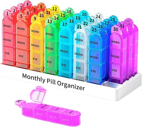 Zoksi Monthly Pill Organizer 4 Times a Day, 30 Day Pill Organizer, One Month Pill Box Organizer, 31 Day Pill Case with 32 Portable Daily Compartments, Medcine Container for Vitamins & Medications in Kuwait