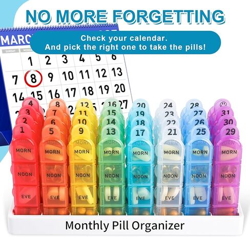 Zoksi Monthly Pill Organizer 4 Times a Day, 30 Day Pill Organizer, One Month Pill Box Organizer, 31 Day Pill Case with 32 Portable Daily Compartments, Medcine Container for Vitamins & Medications in Kuwait