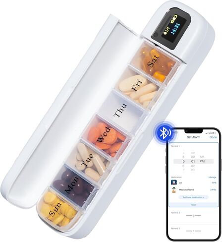 Zoksi Bluetooth Electronic Pill Dispenser with Alarm, Smart Pill Organizer with Reminder & Light, Pill Tracker, Automatic Medication Dispenser, Weekly 7 Day Pill Case 1 Time a Day for Travel (Green) in Kuwait