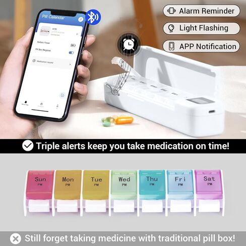 Zoksi Bluetooth Electronic Pill Dispenser with Alarm, Smart Pill Organizer with Reminder & Light, Pill Tracker, Automatic Medication Dispenser, Weekly 7 Day Pill Case 1 Time a Day for Travel (Green) in Kuwait