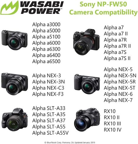 Wasabi Power NP-FW50 Battery Charger for Sony BC-VW1, BC-TRW and Sony ZV-E10, Alpha a6000, a6300, a6400, a6500, Alpha a7, a7 II, a7R, a7R II, a7S, a7S II, DSC-RX10 II, RX10 III, RX10 IV and More in Saudi Arabia