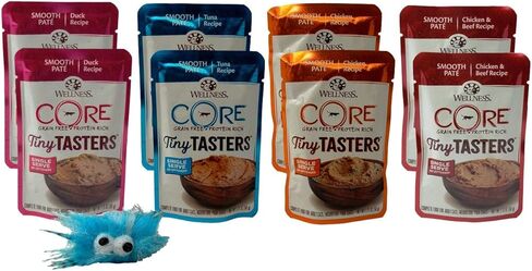 طعام القطط من Wellness CORE Tiny Tasters الخالي من الحبوب، 4 نكهات، 8 أكياس بالإضافة إلى حزمة عينات من ألعاب النعناع البري، (2) لكل منها: البط، والتونة، والدجاج، ولحم البقر والدجاج، (1.75 أونصة) in Saudi Arabia
