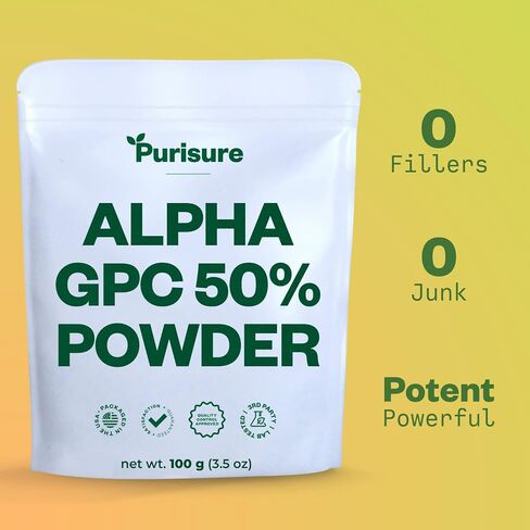 Purisure Alpha GPC 50% Powder, 100 g, Pure Alpha GPC Choline Supplement for Brain and Focus, CDP Choline Supplements for Memory Performance & Concentration, No Fillers, Non-GMO, Offers 167 Servings in Kuwait