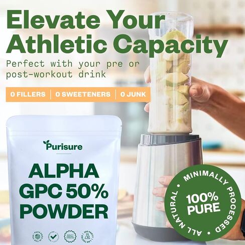 Purisure Alpha GPC 50% Powder, 100 g, Pure Alpha GPC Choline Supplement for Brain and Focus, CDP Choline Supplements for Memory Performance & Concentration, No Fillers, Non-GMO, Offers 167 Servings in Kuwait