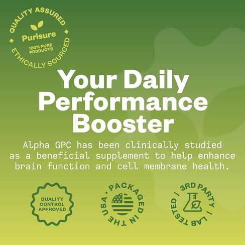 Purisure Alpha GPC 50% Powder, 100 g, Pure Alpha GPC Choline Supplement for Brain and Focus, CDP Choline Supplements for Memory Performance & Concentration, No Fillers, Non-GMO, Offers 167 Servings in Kuwait