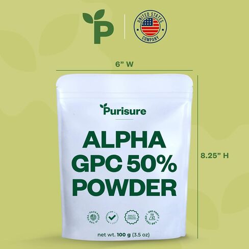 Purisure Alpha GPC 50% Powder, 100 g, Pure Alpha GPC Choline Supplement for Brain and Focus, CDP Choline Supplements for Memory Performance & Concentration, No Fillers, Non-GMO, Offers 167 Servings in Kuwait