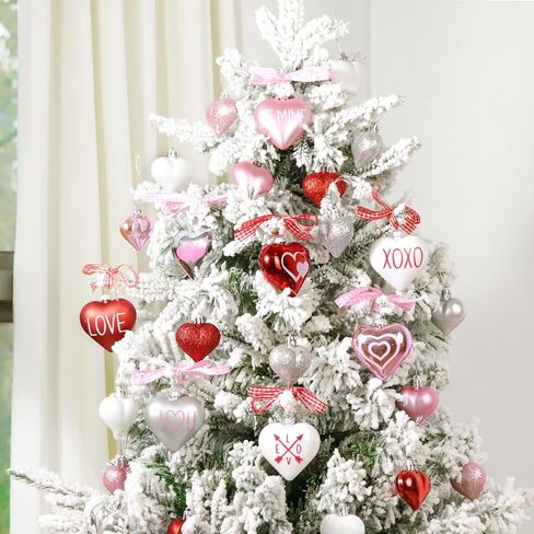 زخارف شجرة ديكور عيد الحب: 24 قطعة من الحلي على شكل قلب أحمر وردي فضي أبيض، مقاسين زخرفة شجرة عيد الحب الريفية مع أقواس لطيفة لهدايا عشاء الزفاف المنزلية ديكور صينية متدرجة الطاولة in Kuwait