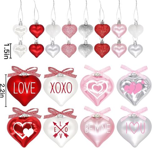 زخارف شجرة ديكور عيد الحب: 24 قطعة من الحلي على شكل قلب أحمر وردي فضي أبيض، مقاسين زخرفة شجرة عيد الحب الريفية مع أقواس لطيفة لهدايا عشاء الزفاف المنزلية ديكور صينية متدرجة الطاولة in Kuwait