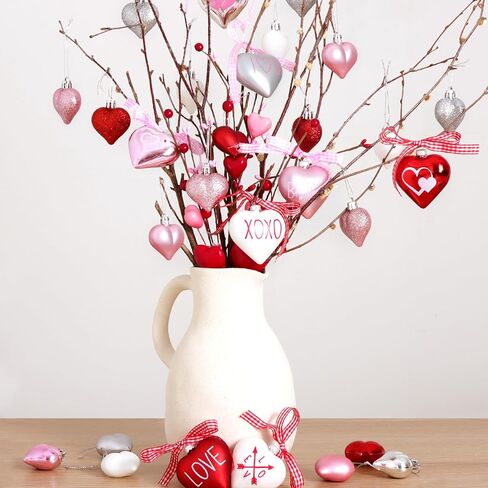 زخارف شجرة ديكور عيد الحب: 24 قطعة من الحلي على شكل قلب أحمر وردي فضي أبيض، مقاسين زخرفة شجرة عيد الحب الريفية مع أقواس لطيفة لهدايا عشاء الزفاف المنزلية ديكور صينية متدرجة الطاولة in Kuwait