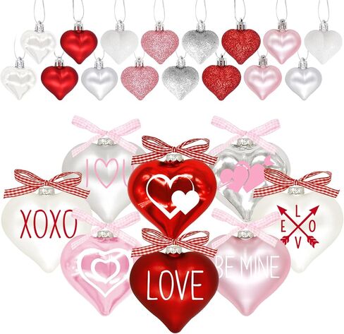 زخارف شجرة ديكور عيد الحب: 24 قطعة من الحلي على شكل قلب أحمر وردي فضي أبيض، مقاسين زخرفة شجرة عيد الحب الريفية مع أقواس لطيفة لهدايا عشاء الزفاف المنزلية ديكور صينية متدرجة الطاولة in Kuwait