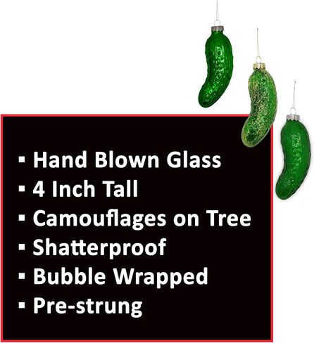 Blown Glass Pickle Ornament for Christmas Tree (3 Pack) Christmas Pickle Ornament Shatterproof 4" Traditional German Christmas Decoration by 4E's Novelty in Saudi Arabia