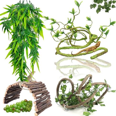 Grddaef Bearded Dragon Tank Accessories, Reptile Hideout Bridge Climbing Plants & Jungle Vines and Leaves Terrarium Decoration for Lizard Frog Snake Gecko Hermit Crab Chameleon in Kuwait