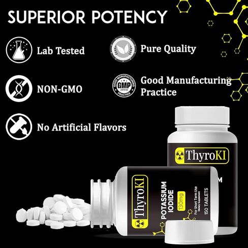 أقراص يوديد البوتاسيوم ThyroKI 130 مجم (150 قرصًا) أقراص سريعة الذوبان غير معدلة وراثيًا | حبوب اليود والبوتاسيوم YODO Naciente | مكمل غذائي لليود للبقاء على قيد الحياة في حالات الطوارئ | صنع فى أمريكا in Saudi Arabia