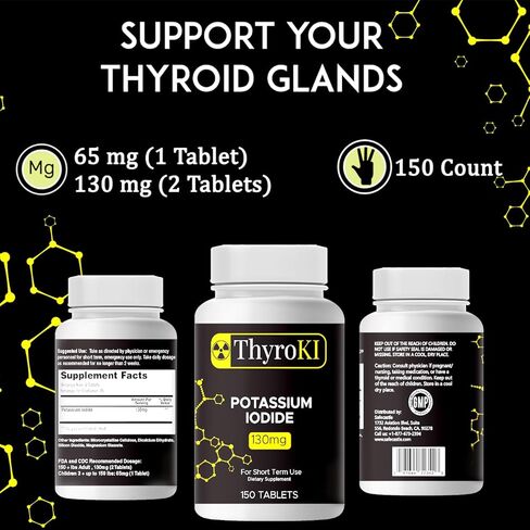 أقراص يوديد البوتاسيوم ThyroKI 130 مجم (150 قرصًا) أقراص سريعة الذوبان غير معدلة وراثيًا | حبوب اليود والبوتاسيوم YODO Naciente | مكمل غذائي لليود للبقاء على قيد الحياة في حالات الطوارئ | صنع فى أمريكا in Saudi Arabia