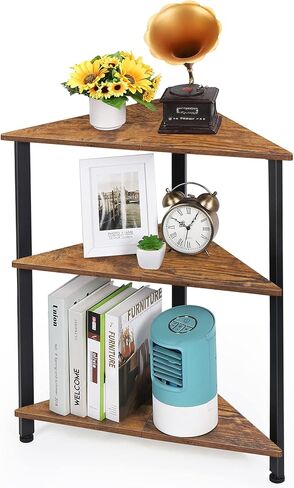 رف زاوية ميلوس، خزانة كتب من 3 طبقات، حامل رف زاوية قائم بذاته، لغرفة النوم، غرفة المعيشة، الحمام، المدخل، المكتب، المطبخ، مساحة صغيرة (16 بوصة/طول × 16/عرض × 28.5 بوصة/ارتفاع بني ريفي) in Kuwait