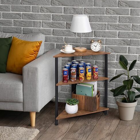 رف زاوية ميلوس، خزانة كتب من 3 طبقات، حامل رف زاوية قائم بذاته، لغرفة النوم، غرفة المعيشة، الحمام، المدخل، المكتب، المطبخ، مساحة صغيرة (16 بوصة/طول × 16/عرض × 28.5 بوصة/ارتفاع بني ريفي) in Kuwait