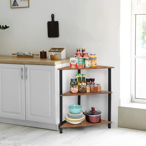 رف زاوية ميلوس، خزانة كتب من 3 طبقات، حامل رف زاوية قائم بذاته، لغرفة النوم، غرفة المعيشة، الحمام، المدخل، المكتب، المطبخ، مساحة صغيرة (16 بوصة/طول × 16/عرض × 28.5 بوصة/ارتفاع بني ريفي) in Kuwait