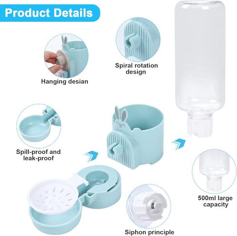 Bunny Automatic Food Feeder& Water Dispenser & Rabbit Hay Feeder Bag, Gravity Auto Feeder Water Set for Small Dog Cat Small Animals Rabbit Chinchilla Guinea Pig Hedgehog Ferret (Blue) in Kuwait