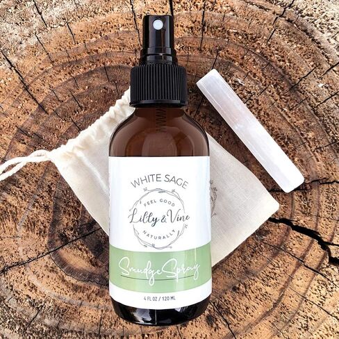 رذاذ المريمية الأبيض مع عصا كريستال السيلينيت المشحونة بالشمس والقمر، رذاذ لطخة لا يدخن لإزالة الطاقة السلبية، مصنوع من زيت المريمية العطري، مصنوع يدويًا في كاليفورنيا، بمفرده أو مع مجموعة لطخة in Kuwait