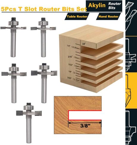 Akylin 5Pcs T Slot Router Bit Set,1/4" Shank,Cutting Height 3/32",1/8",5/32",3/16" and 1/4",3/8" Deep T Trark Bit with Bearing,T-Slotting Cutter for Plywood Slotting,Grooving,Rebating in Kuwait