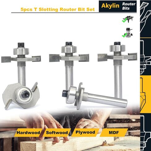 Akylin 5Pcs T Slot Router Bit Set,1/4" Shank,Cutting Height 3/32",1/8",5/32",3/16" and 1/4",3/8" Deep T Trark Bit with Bearing,T-Slotting Cutter for Plywood Slotting,Grooving,Rebating in Kuwait